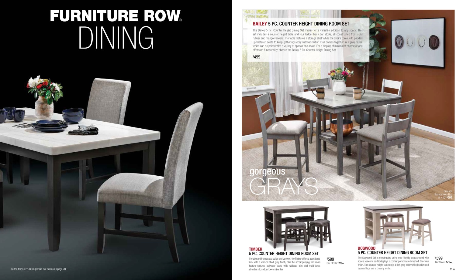 Furniture Row Annual Catalog Dining Room Cover Spread including Ivory Dining Set, Bailey Dining Set, and Gorgeous Grays.