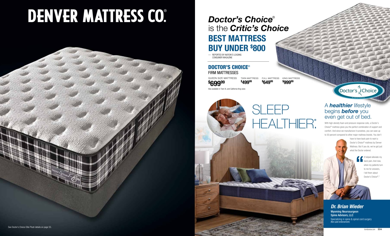 Denver Mattress 2025 Annual Catalog Cover. The Doctor's Choice is the Critic's Choice Best Mattress Buy under $800. Sleep Healthier. A healthier lifestyle begins before you even get out of bed.