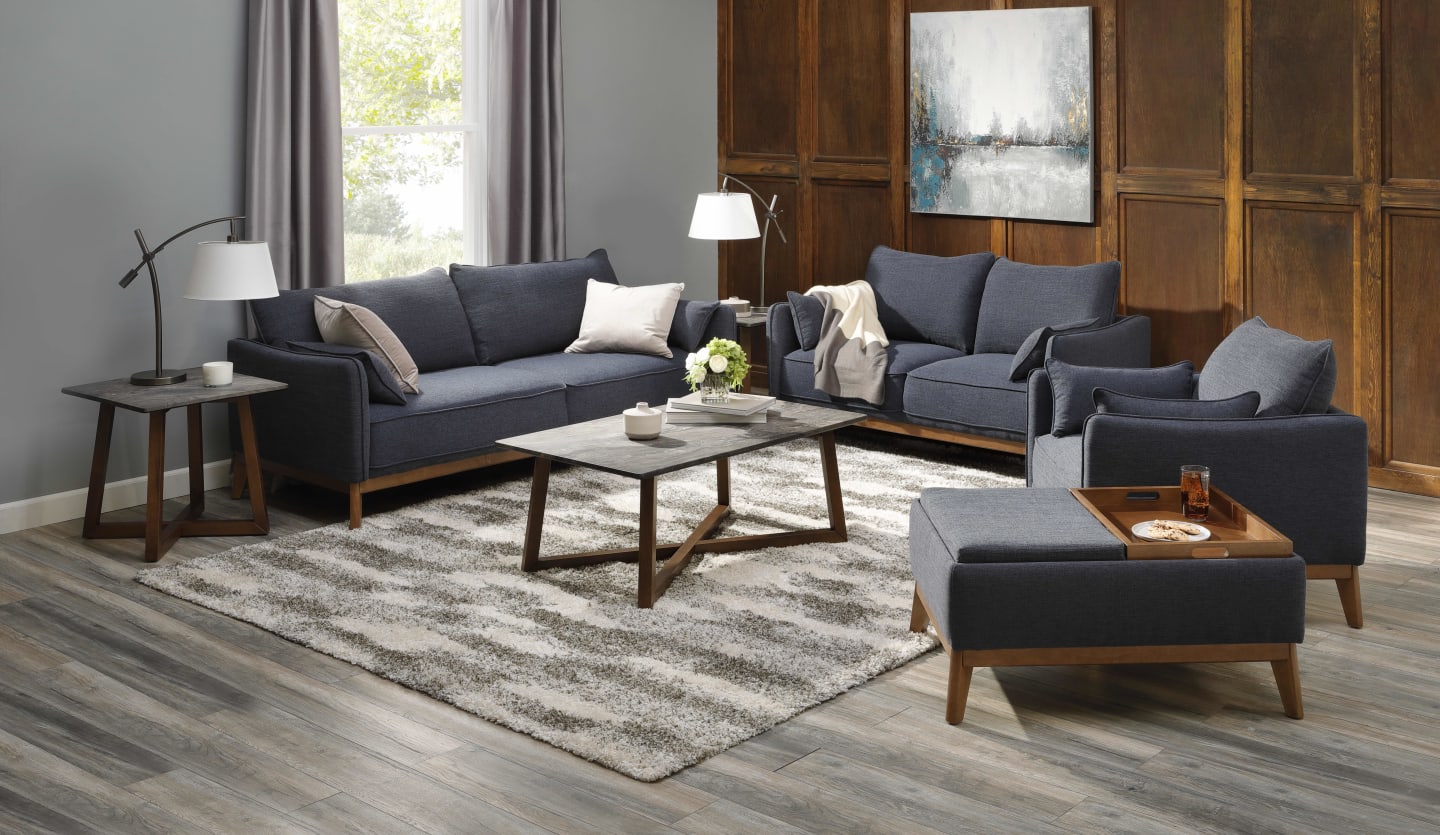 Navy Blue Fabric Sofa Set with Medium toned warm brown wooden base