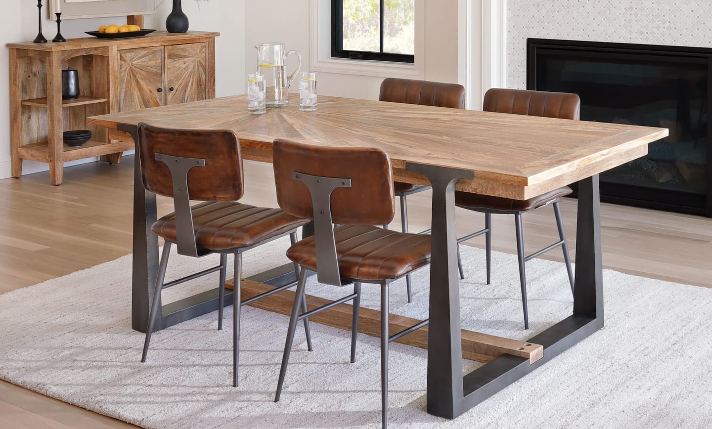 Light Wood Dining Set with Sunburst inlay pattern and dining server with sunburst inlay pattern