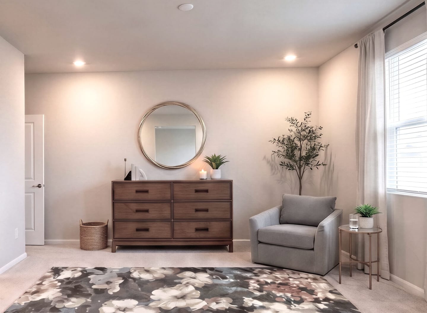 Bedrom in St. Jude Dream Home with dresser and swivel chair