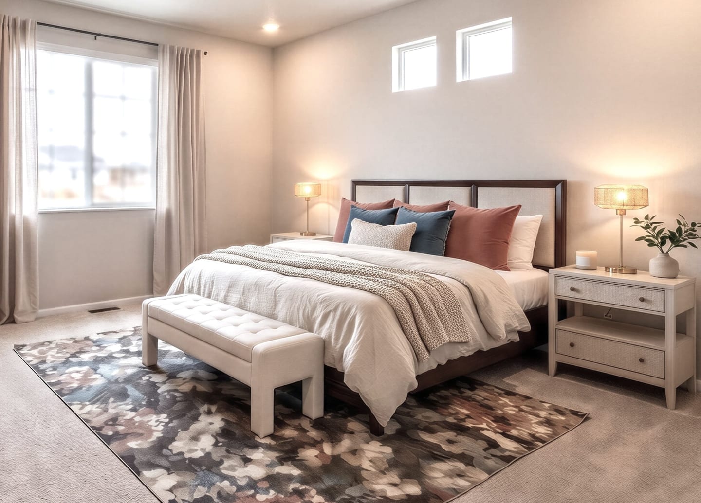 Primary bedroom in St. Jude Dream Home with upholstered bed and bench