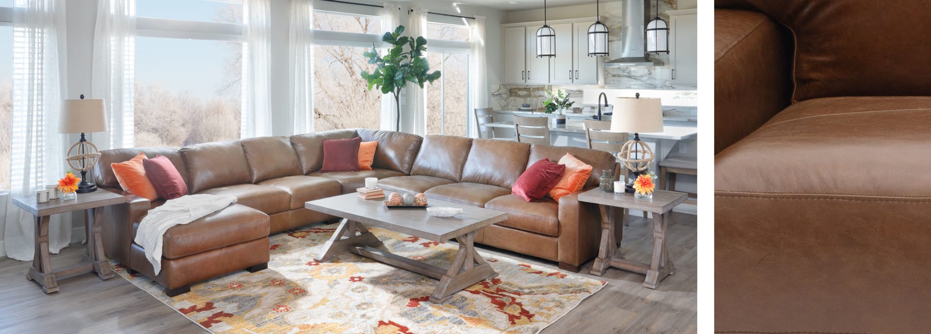 Durango Sectional with Brown Leather in Red orange and yellow decor