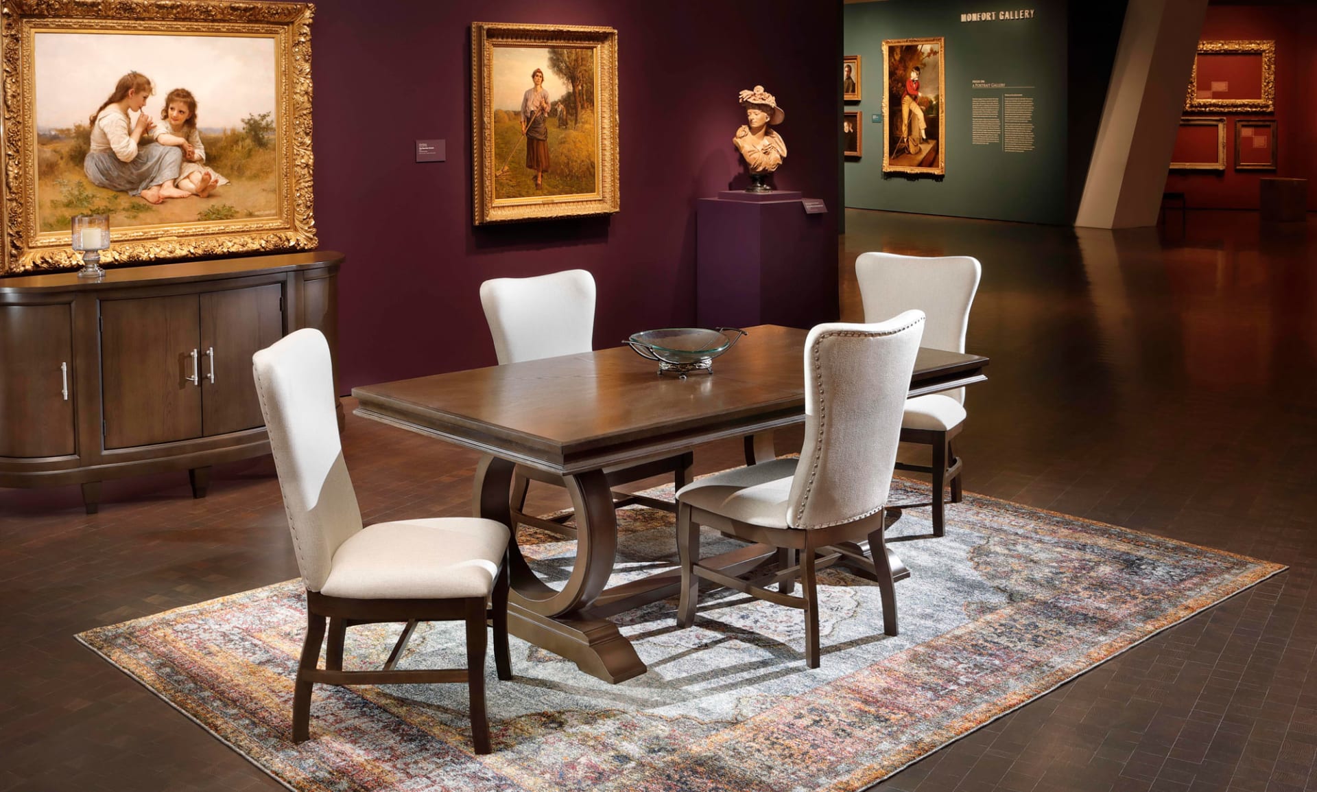 Brown Wooden Dining Table with Geometric Circular base in art museum