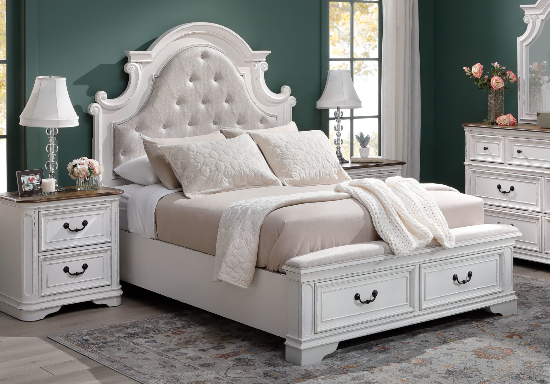 White Wooden Storage bed with gray upholstered headboard. Cottage inspired Style.