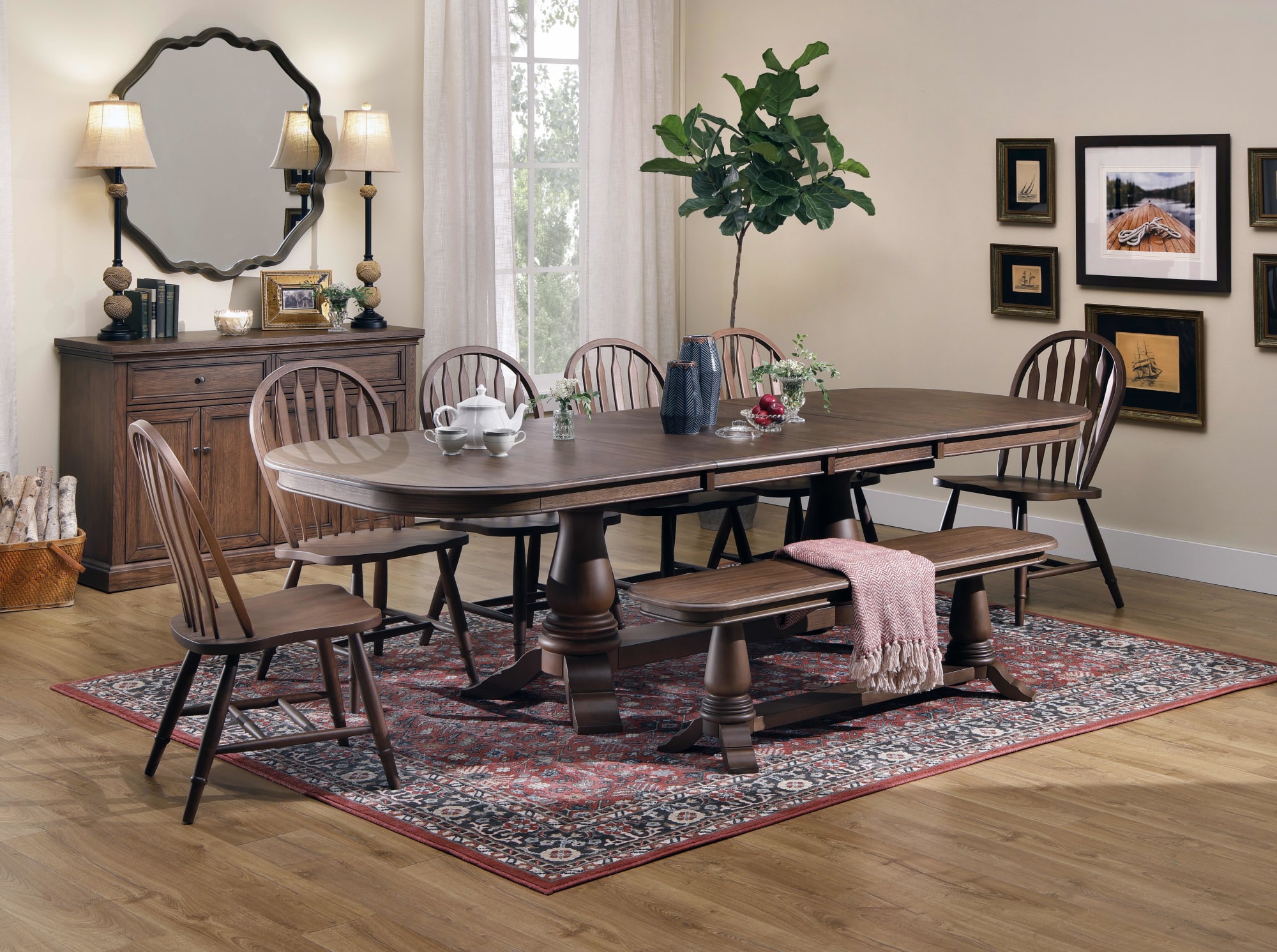 Windsor Dining Room Group with Windsor Side Chairs, Bench and Server