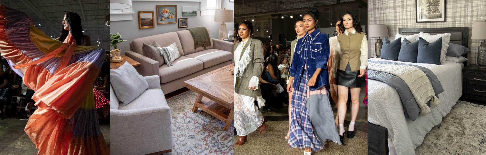 Alternating Images between Contemporary Rooms Styled with Vintage Pieces and Fashion Show Runway looks with the same style