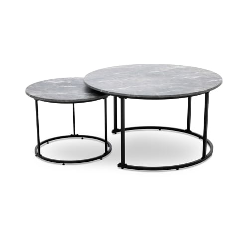 nesting coffee tables with stone top texture and black metal base