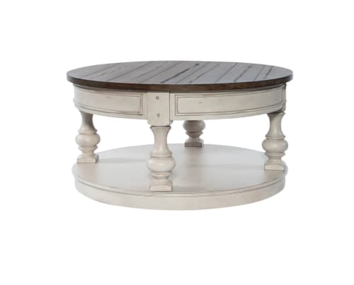 A coastal-style round coffee table