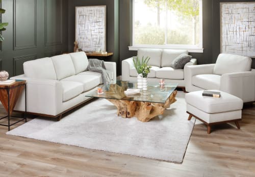 White Leather Sofa with Wooden Base in living room