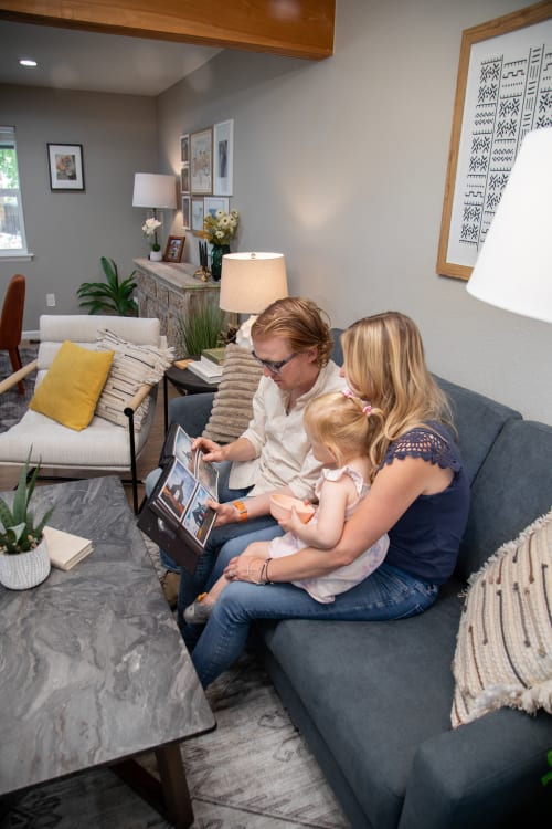 slate blue devon sofa styled in home