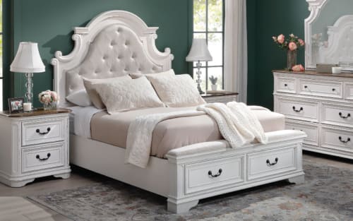 White storage bed with tufted cream fabric headboard and other cottage decoratively styled products