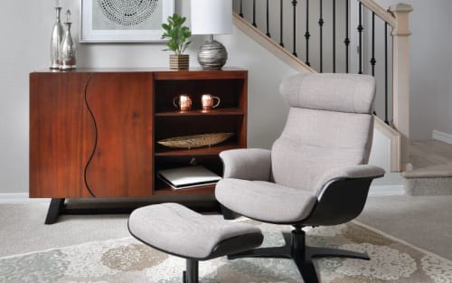 Black & Cream Chair with ottoman, cherry wood server and other mid-century modern decoratively styled products