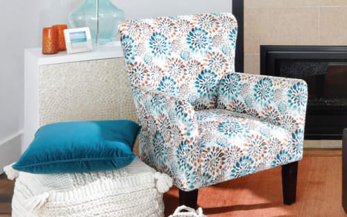 Blue, Red & White patterned accent chair, blue pillow and other coastal decoratively styled products