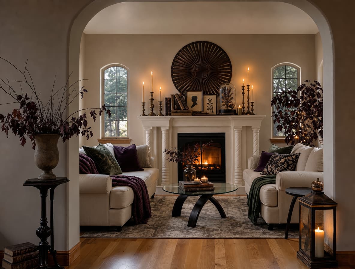 A living room with sophisticated Halloween decor