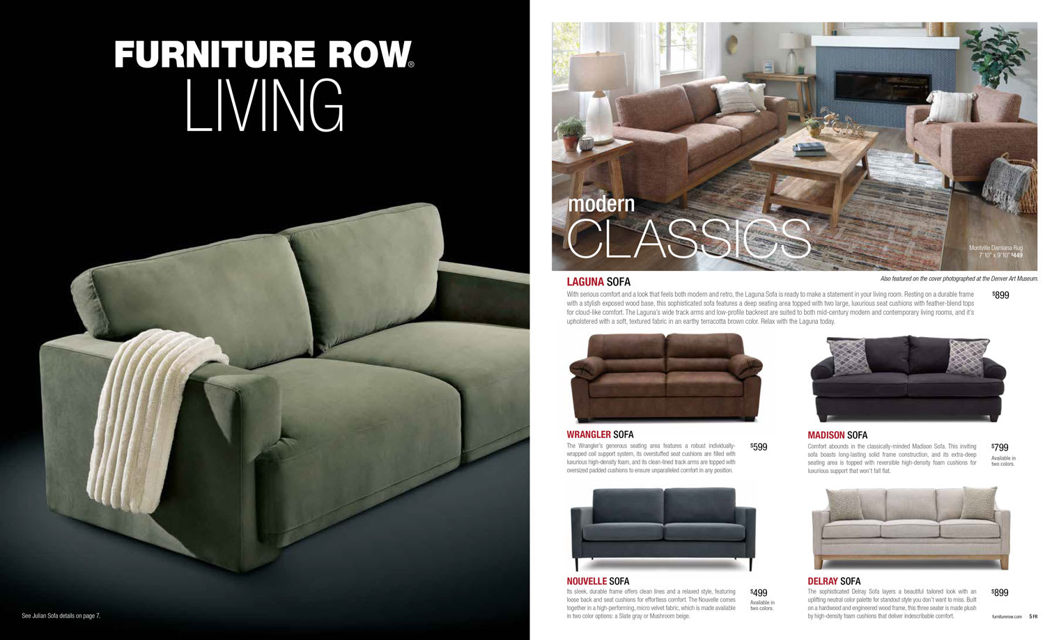 Furniture Row Living Room Annual Catalog Cover spread. Includes Julian Sofa, Laguna Sofa set and other modern classics.