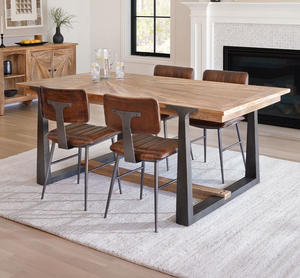 A comtemporary dining set with industrial appeal, the Sol Dining set, in a dining room