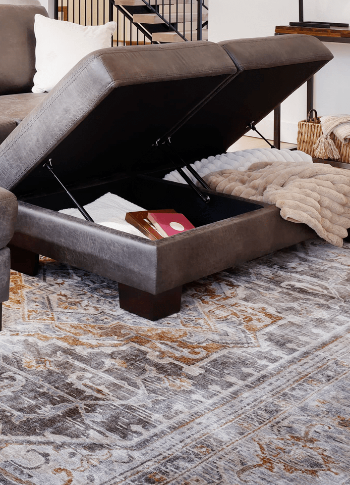 Gray Leather Ottoman in Living Room