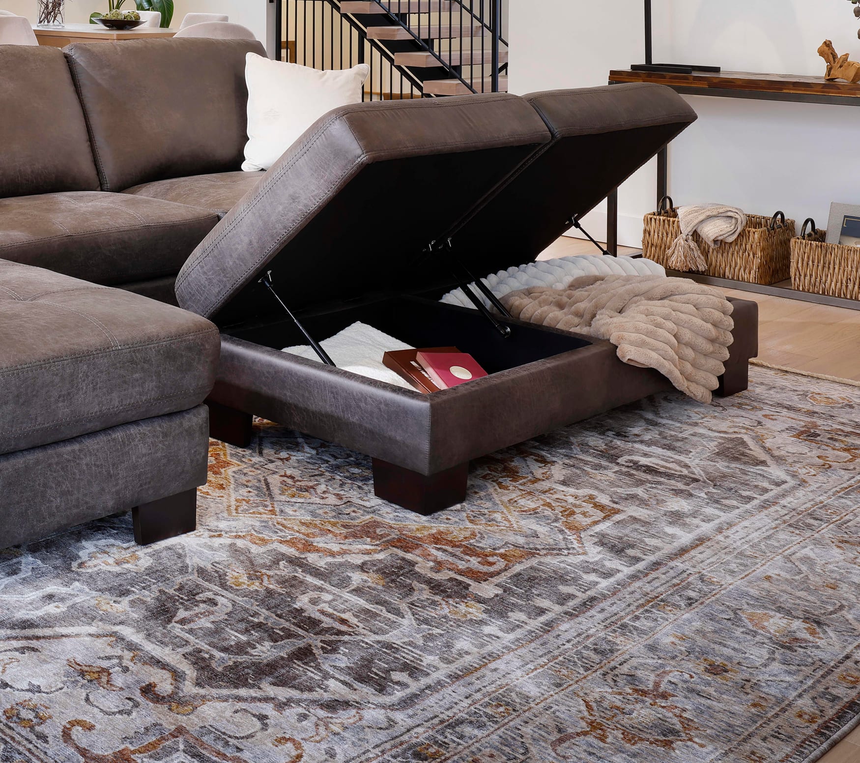 Gray Leather Ottoman in Living Room
