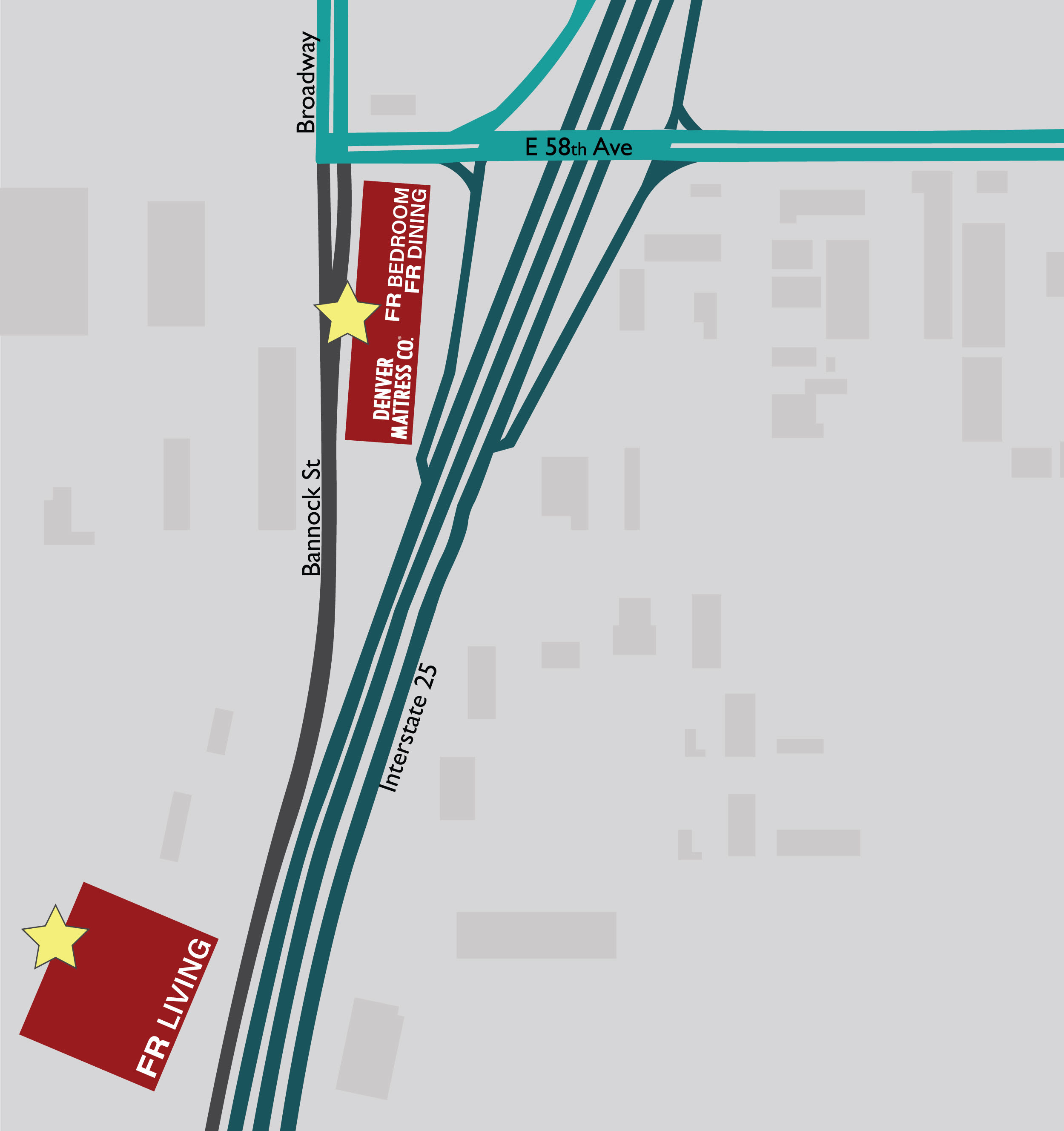 Map of Denver Superstores including the Living Room Superstore, Bedroom Superstore, and Dining Superstore