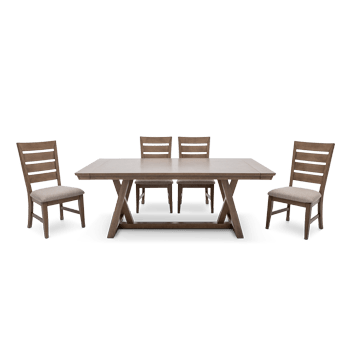 Brown Dining table with matching upholstery seated chairs