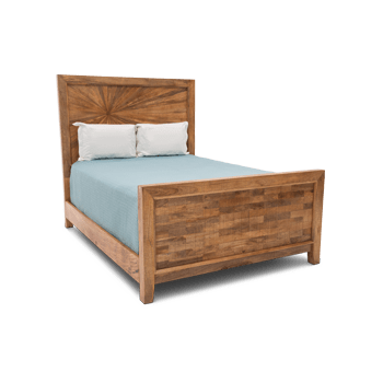 Light wooden mango wood bed with sunburst inlay