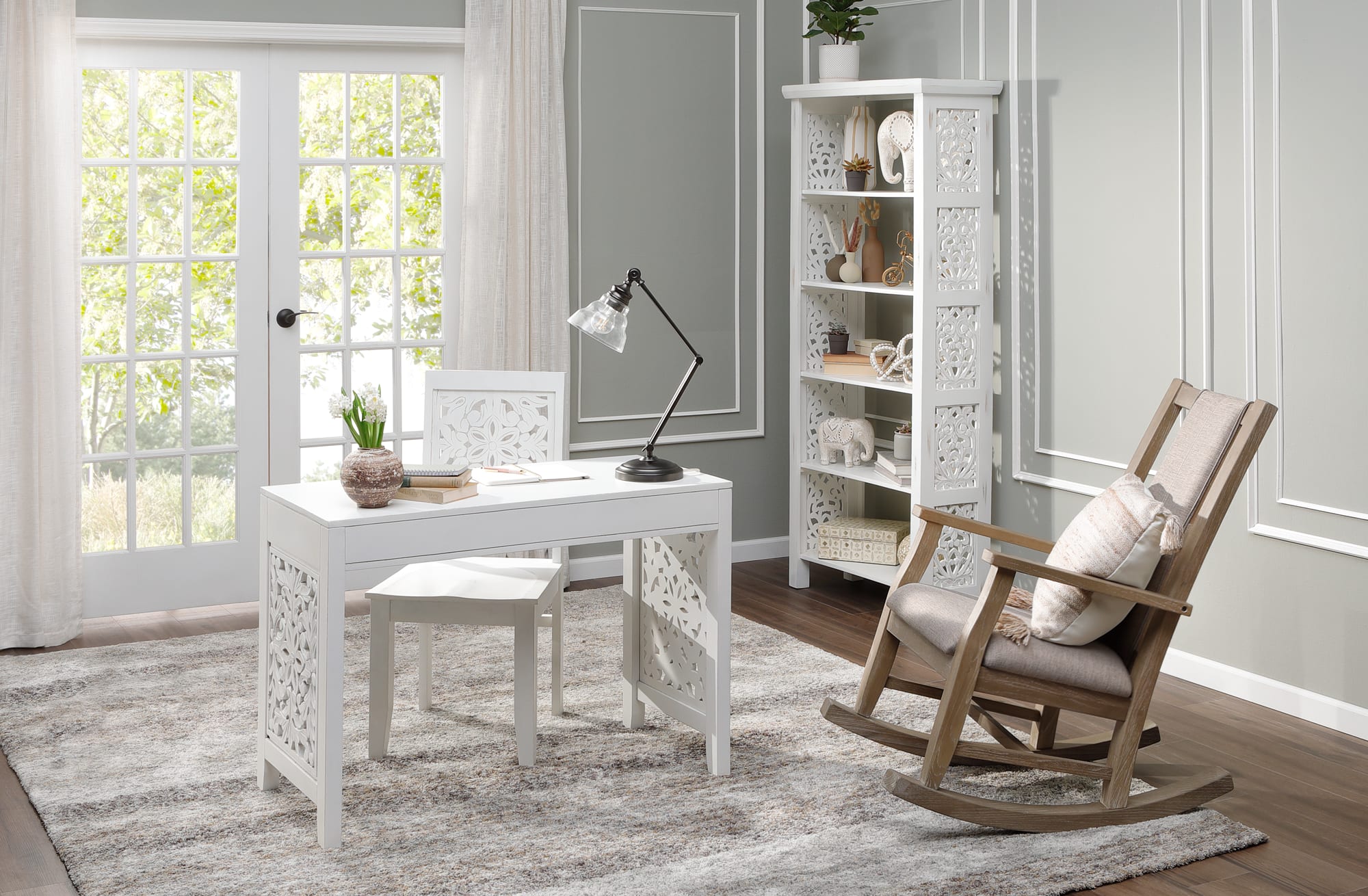 White Wooden Intricately Carved Desk with Teakwood Rocking Chair