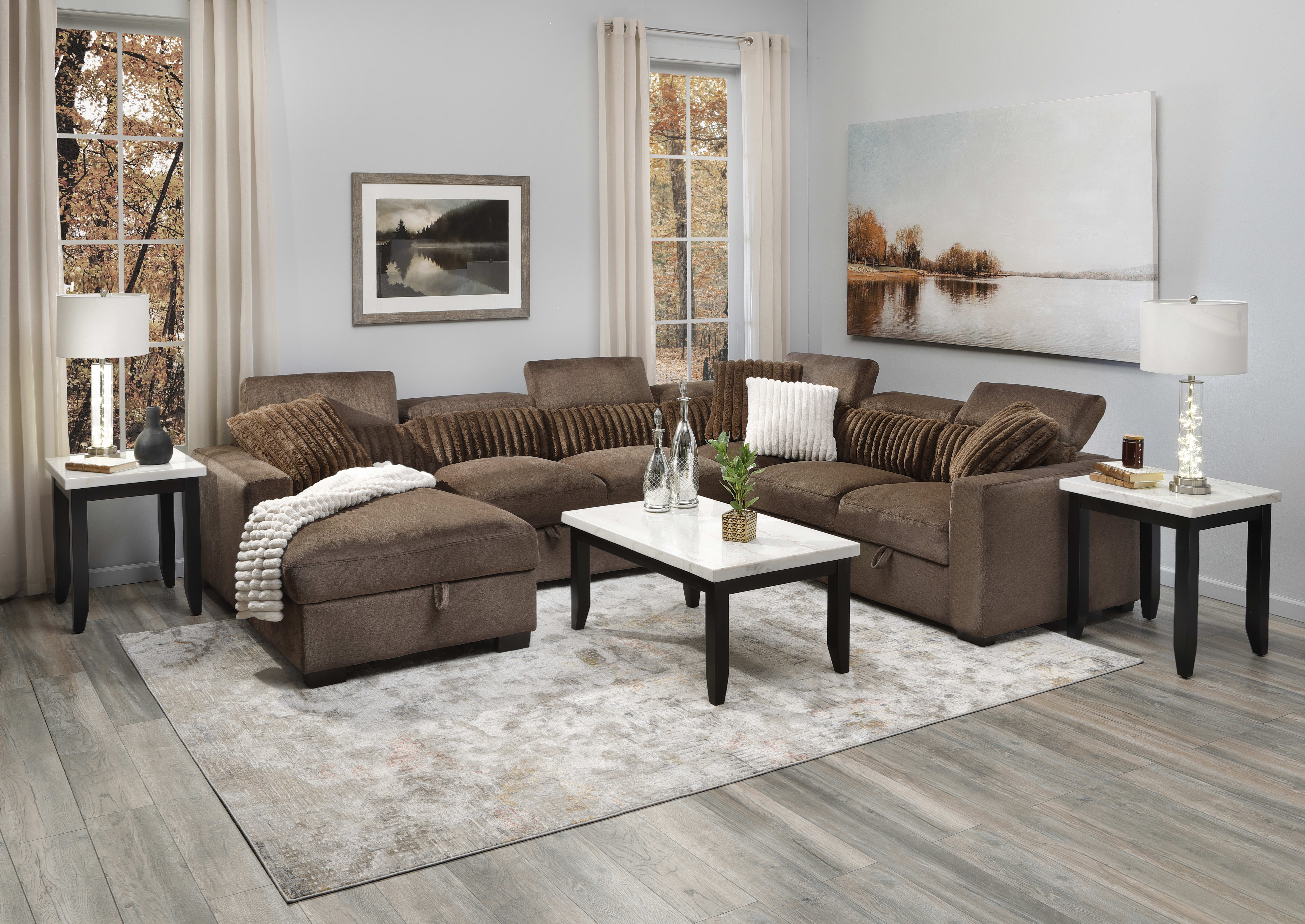 Roxy Sectional. Brown Velvet Sectional in Living room with Fall window scene