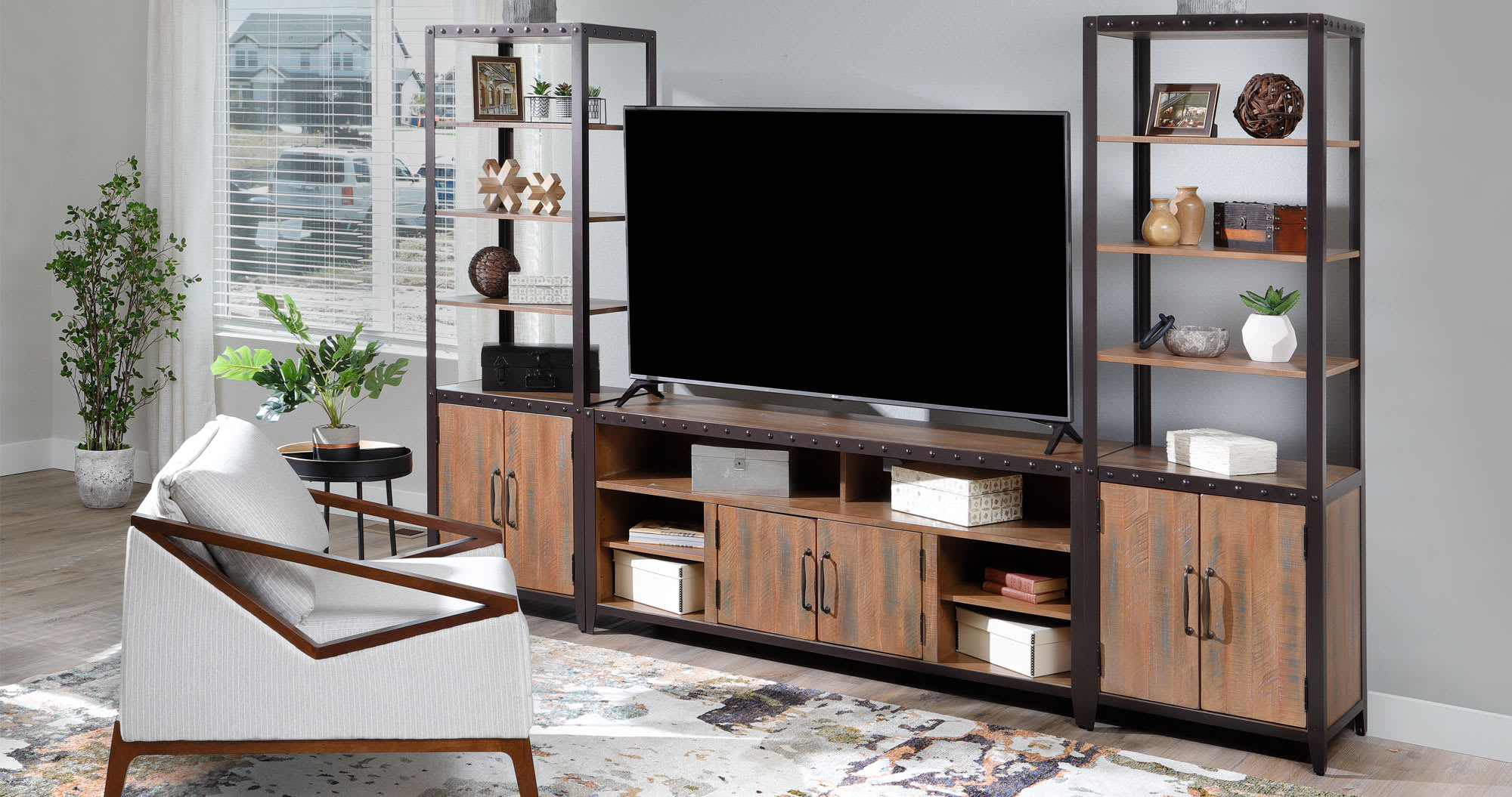 Rustic industrial style entertainment center in living room