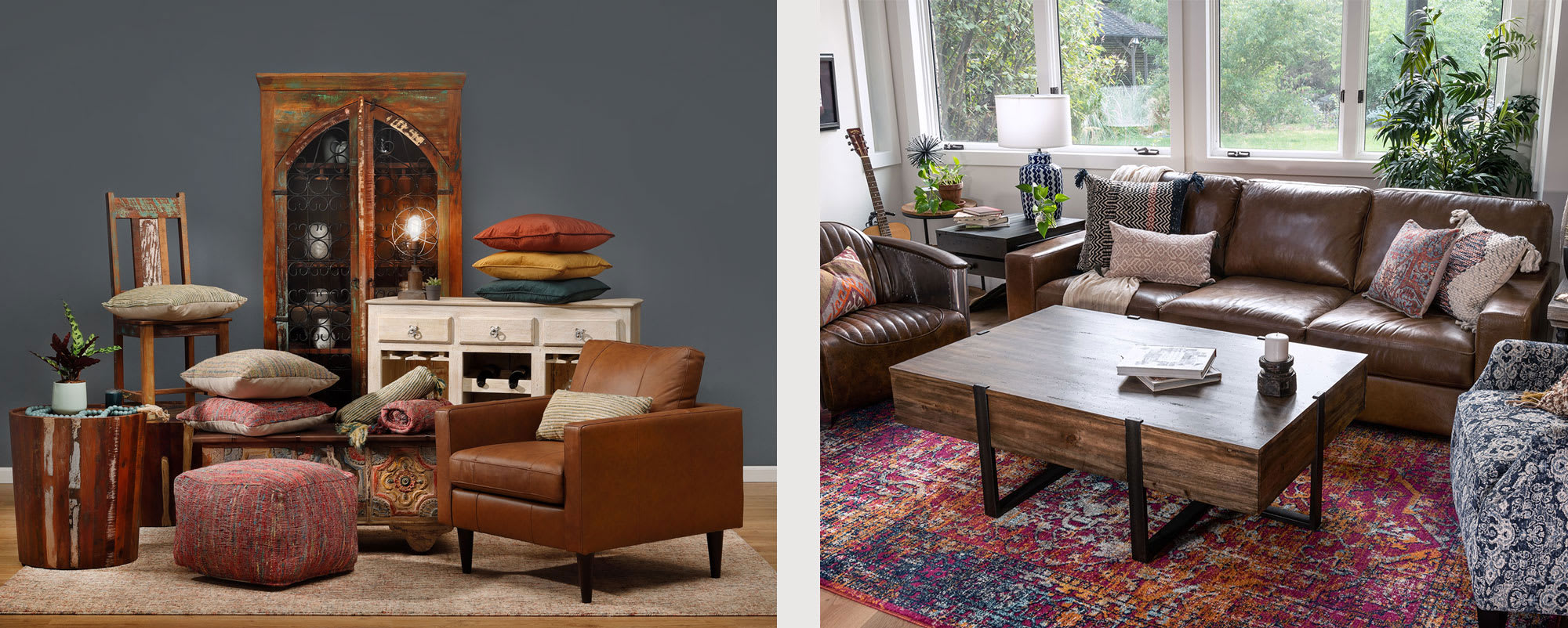 One collage of boho living room products and one living room with boho furniture