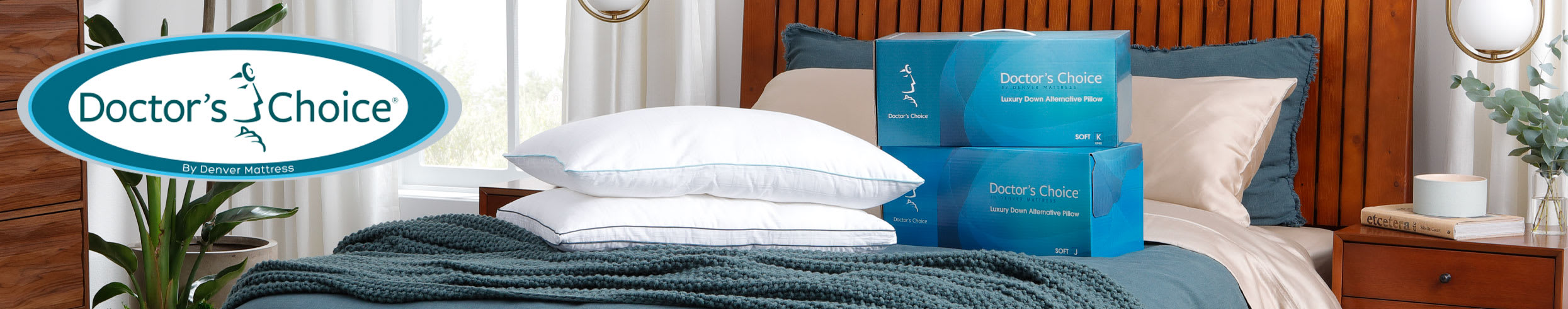 Doctors Choice Pillows on top of Bed with Teal Bedspread. Doctors Choice Logo.