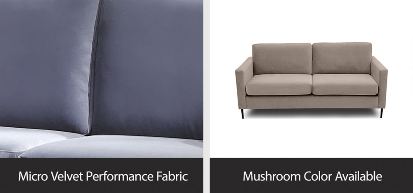 Nouvelle Sofa Features- Micro Velvet Performance Fabric and Mushroom Color Available