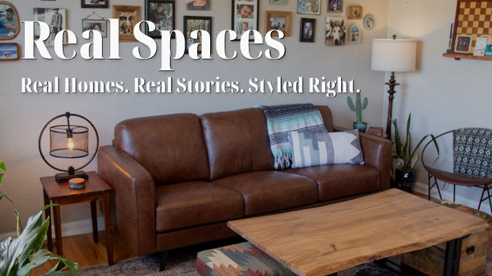 Brown Leather Sofa in Eclectic Western Living Room. Real Spaces. Real Homes. Real Stories. Styled Right.