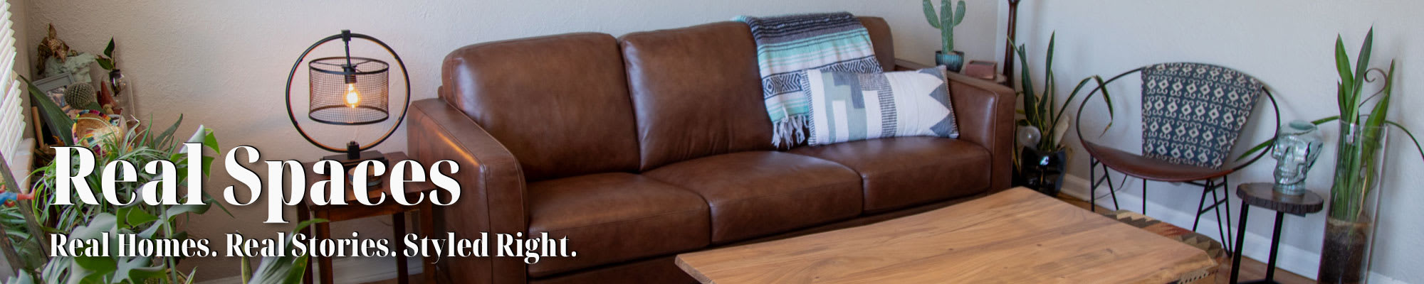 Brown Leather Sofa in Eclectic Western Living Room. Real Spaces. Real Homes. Real Stories. Styled Right.