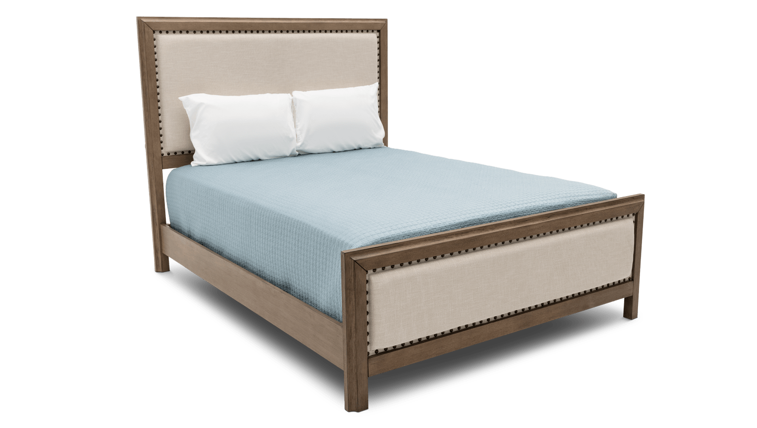 Beige Upholstered Bed frame with mid-toned wood frame and nailhead design around border