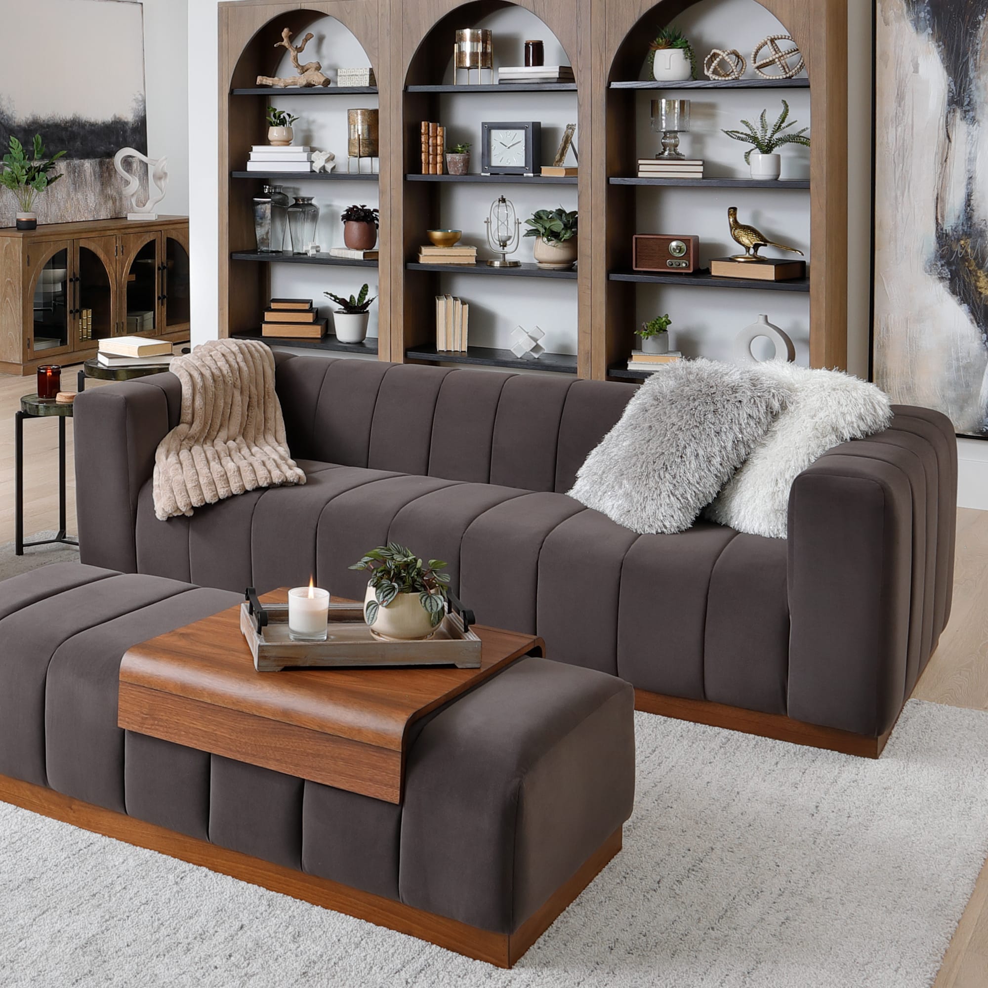 Gray Microvelvet Channeled Living Room Set in Living Room