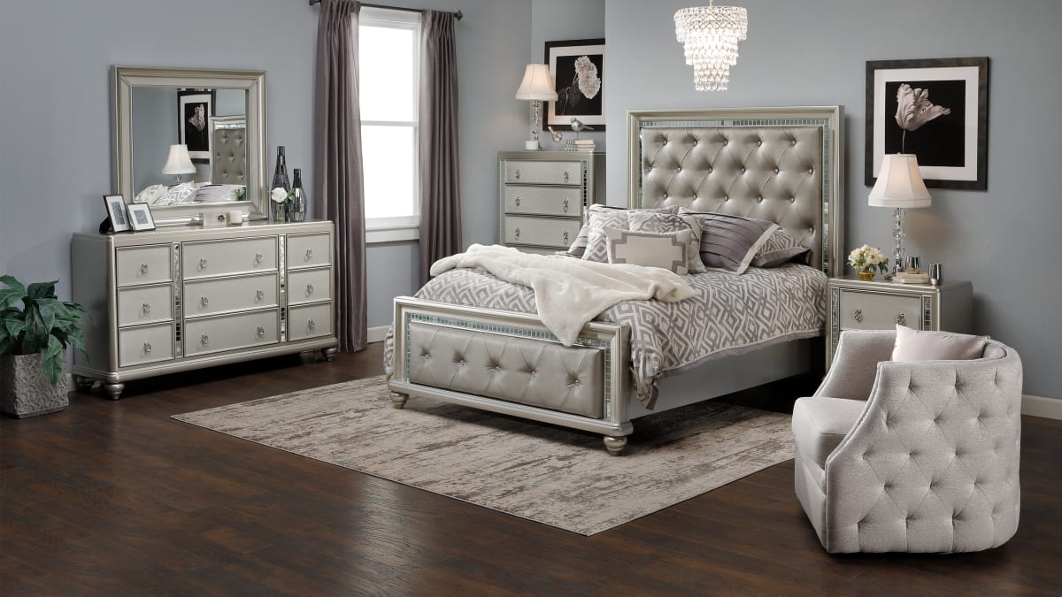 A glamorous bedroom group, the Debonaire Bedroom Group, in a sophisticated bedroom