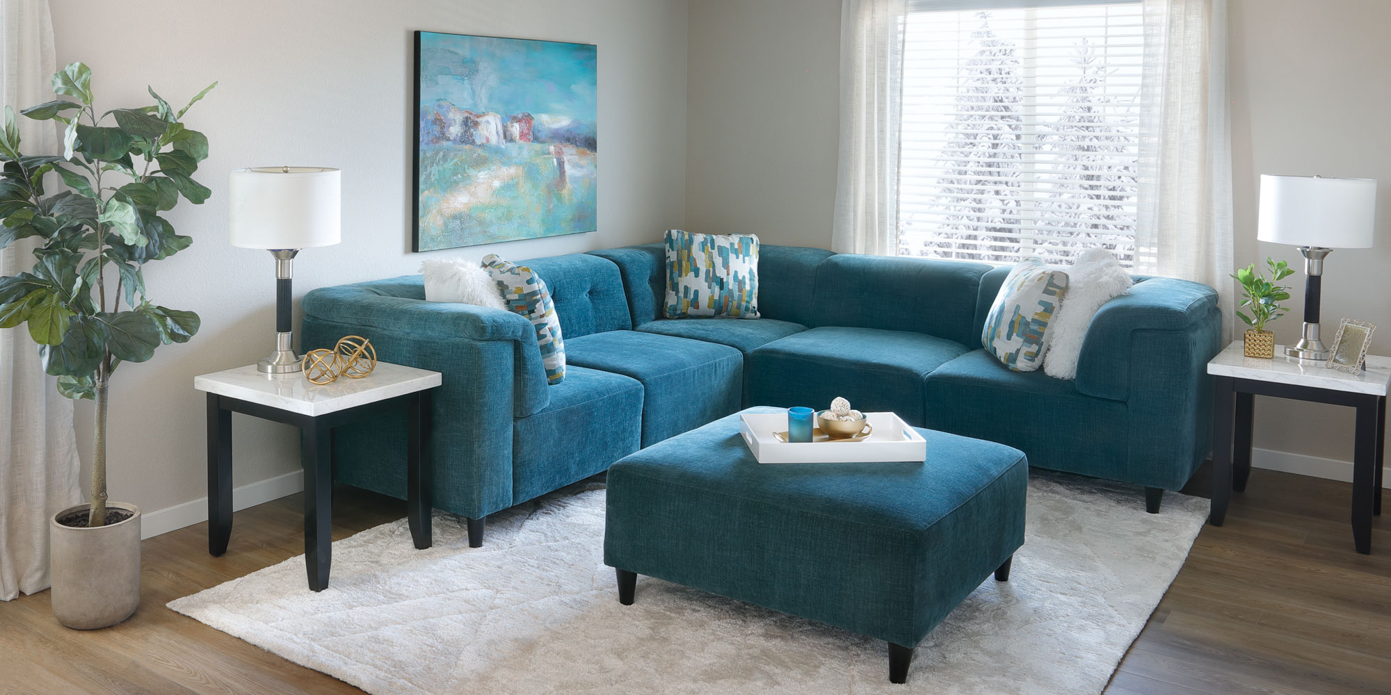 Teal Microvelvet Sectional in Living Room