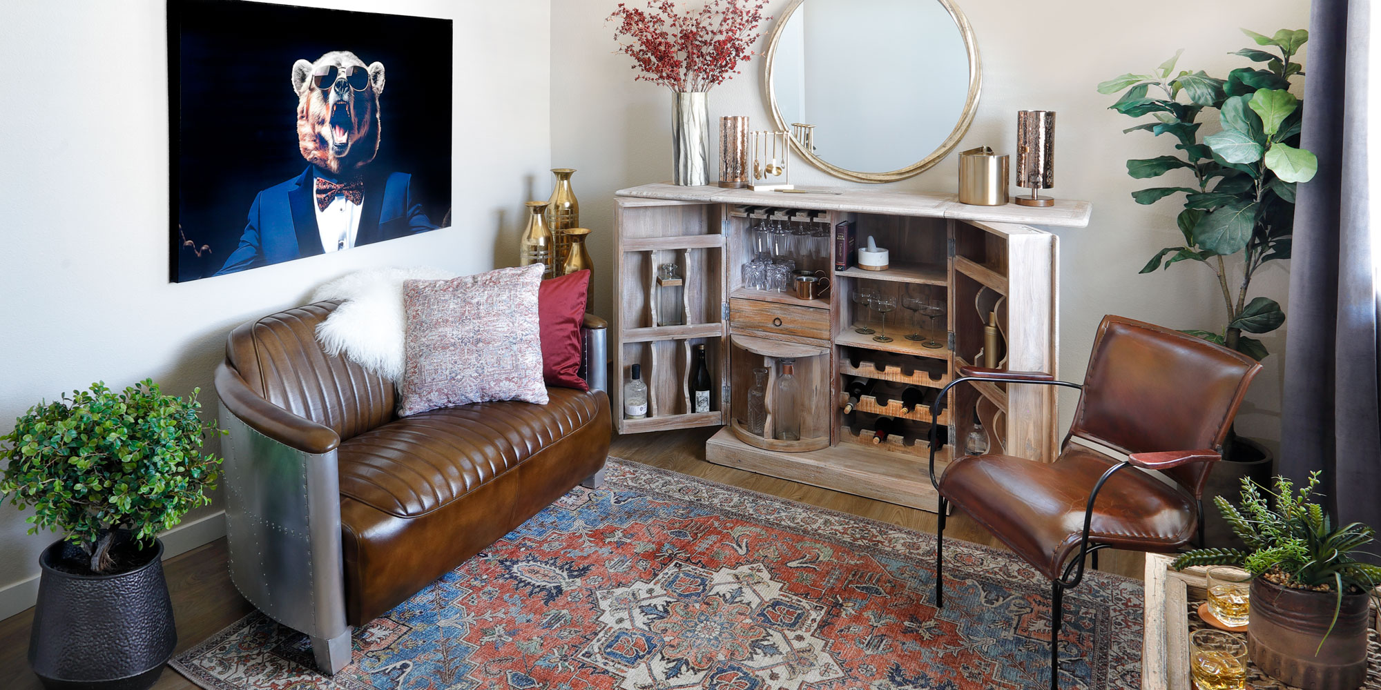 Speakeasy Sitting Room With Light Natural Wood Bar Counter