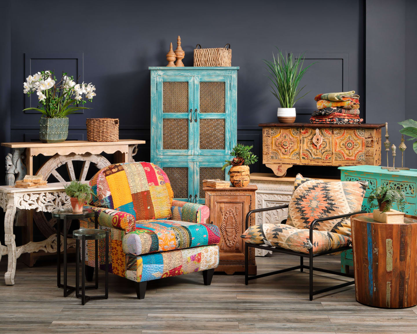 A collage of colorful Furniture Pieces made of materials from around the world