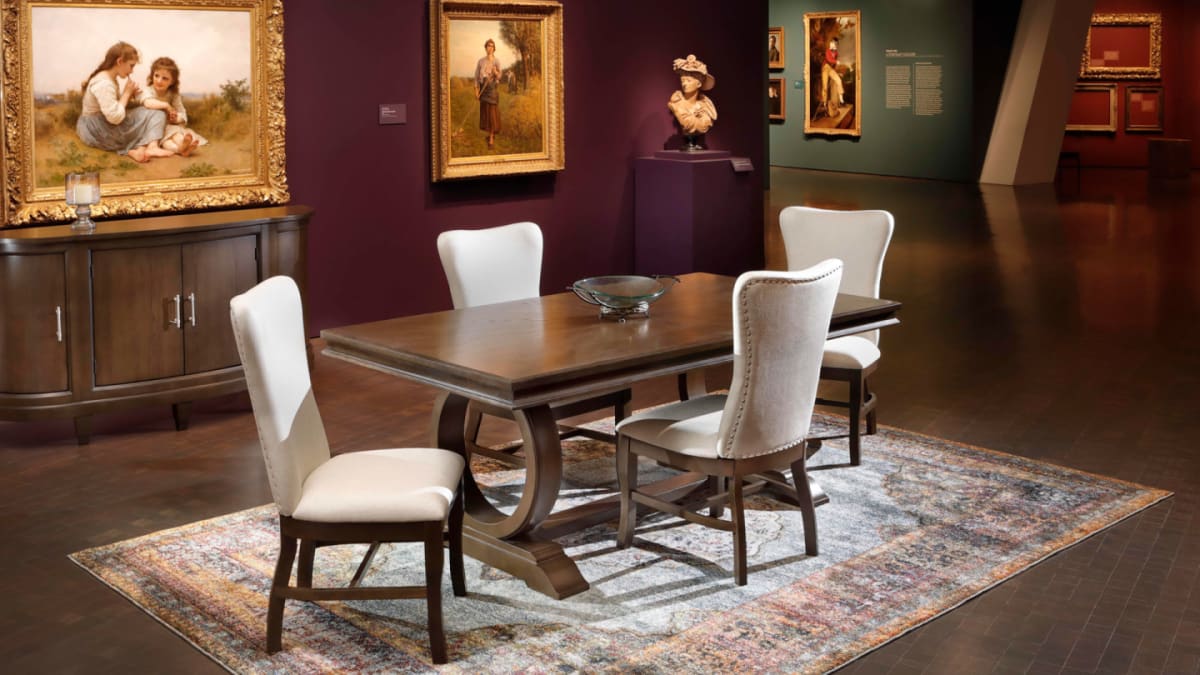 The Lennon Dining Set, consisting of a Brown Wooden Dining Table with Geometric Circular base, in Denver Art Museum