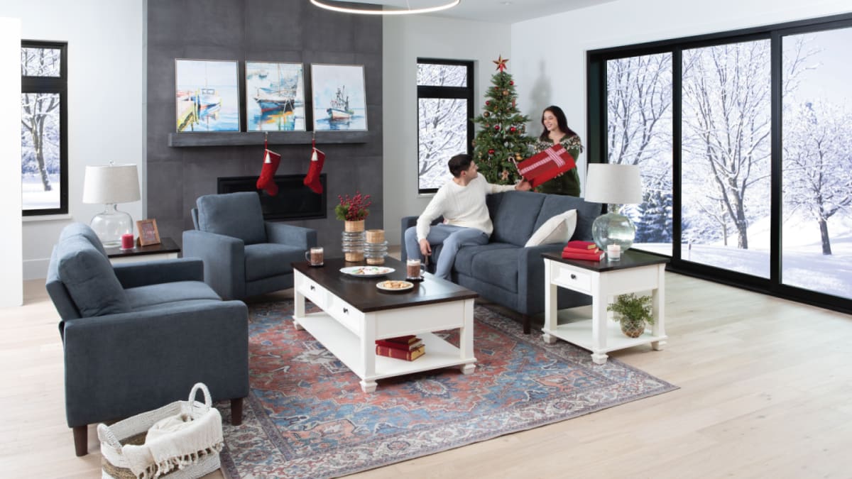 Devon Slate Colored Sofa in Nautical living room during Christmas with family