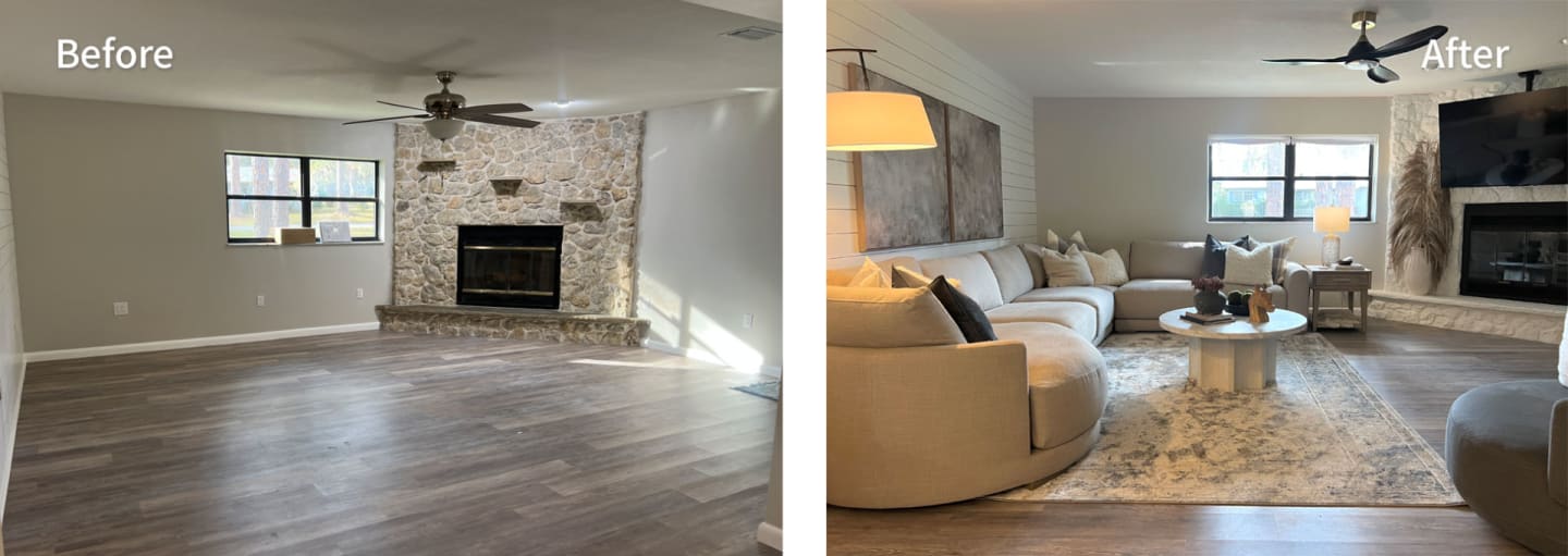 Before and after shot of Kelli Bateman's Airbnb living room featuring large washable rug
