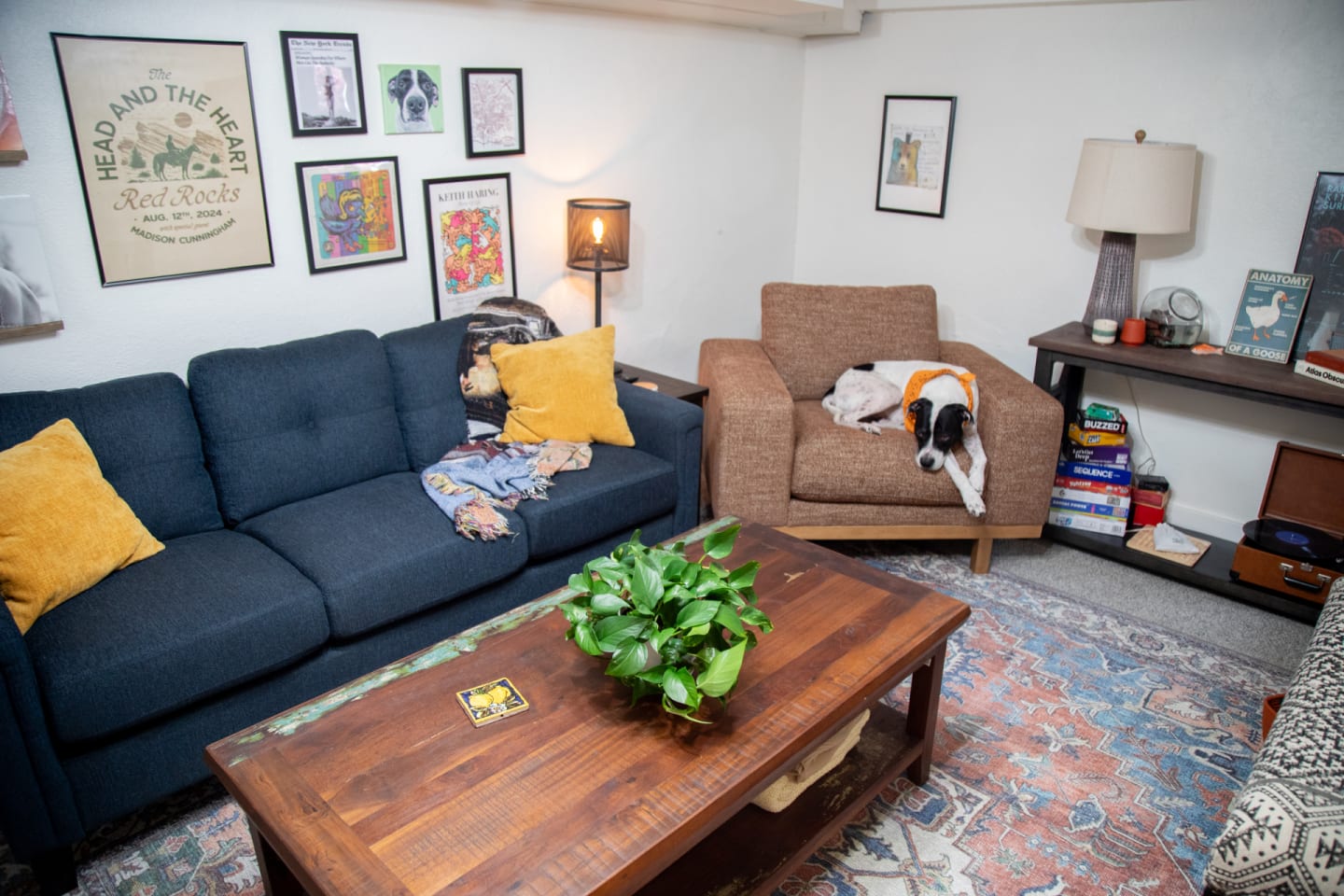 The Trinity Sofa and Laguna Chair styled in Mackinley's maximalist apartment living room