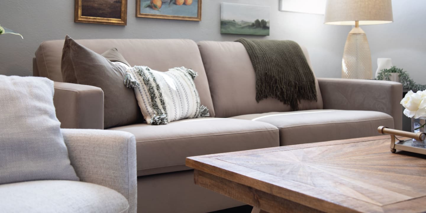 An up close shot of the Nouvelle Sofa in a stylish boho-modern living room