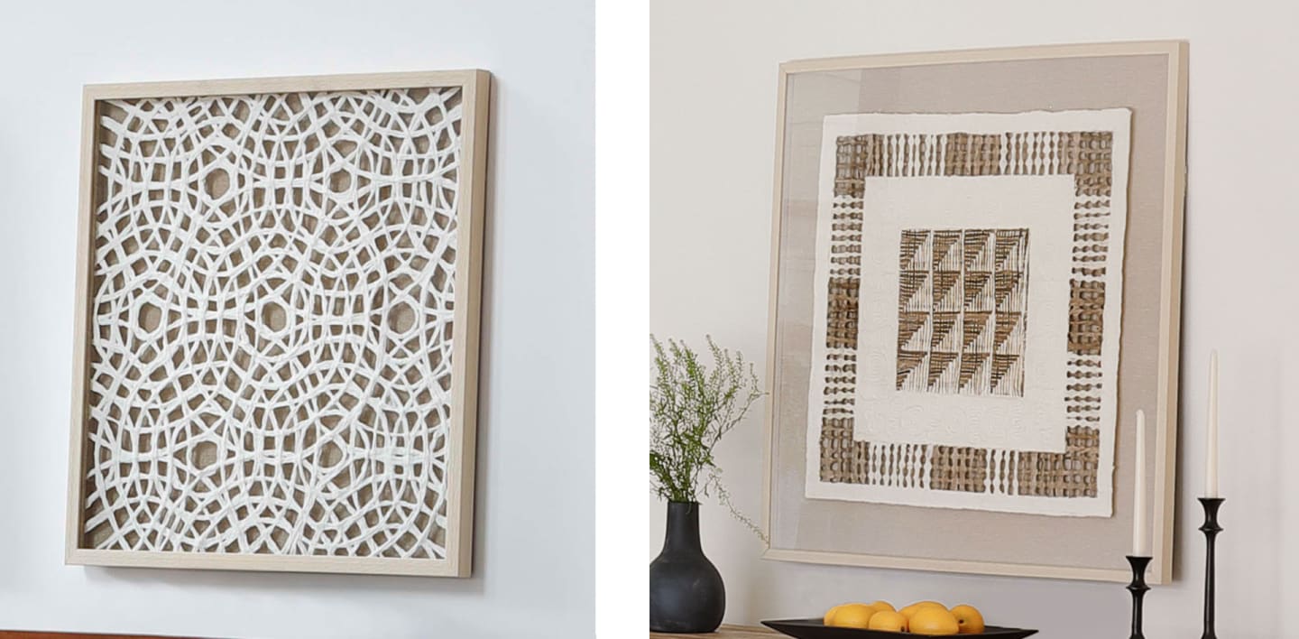 A collage of woven art: one image showing hanging wall art with a circular woven design, and the other showing woven wall art with a square design