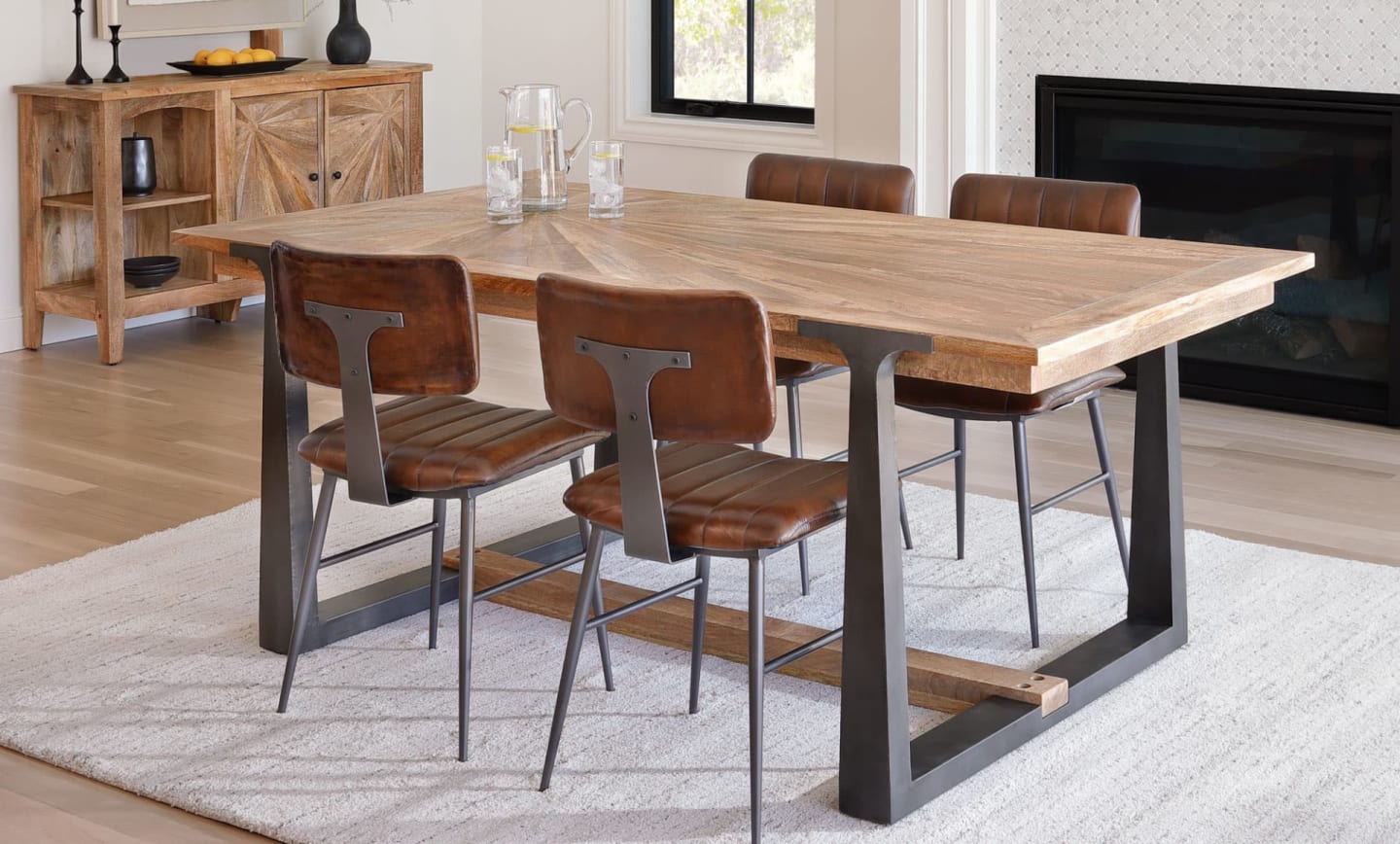 Light Wood Dining Set with Sunburst inlay pattern and dining server with sunburst inlay pattern