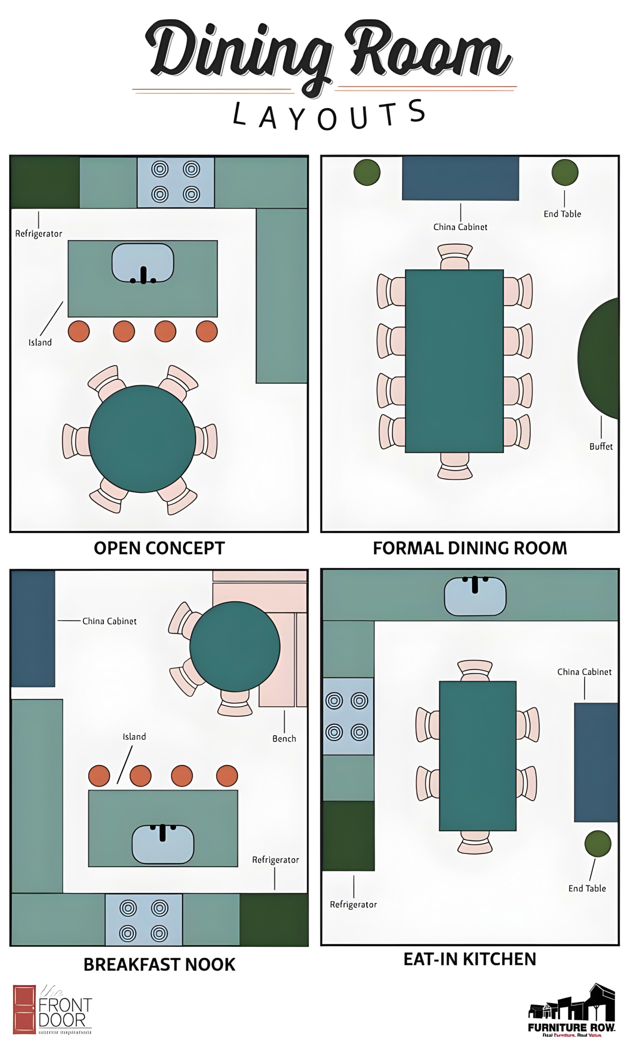 Graphic of 4 dining room layout examples