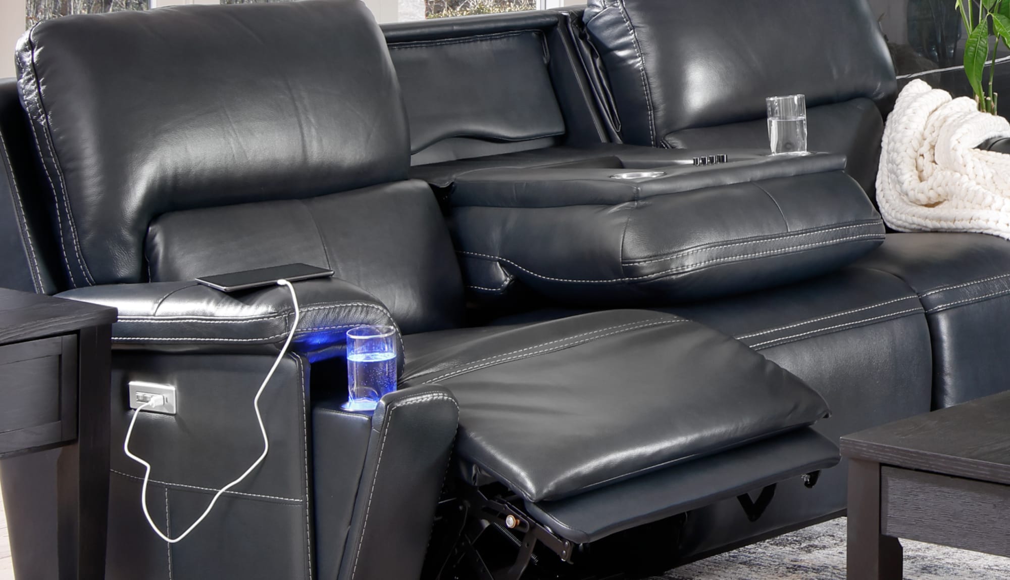 Navy Leather Reclining Sofa with Immersive Features