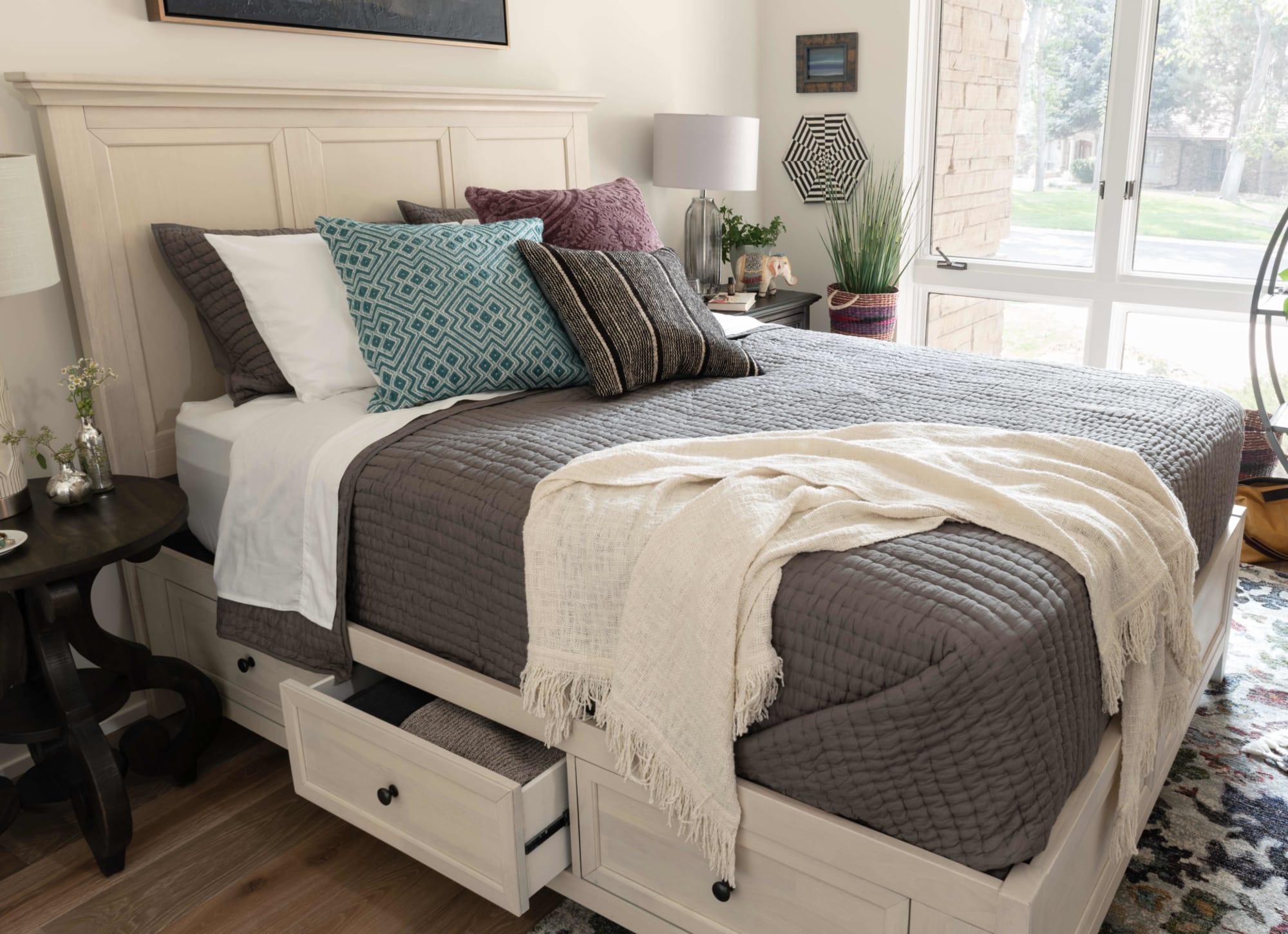 Bonn Storage Bed. Off White Storage Bed in Sunny Boho Bedroom.